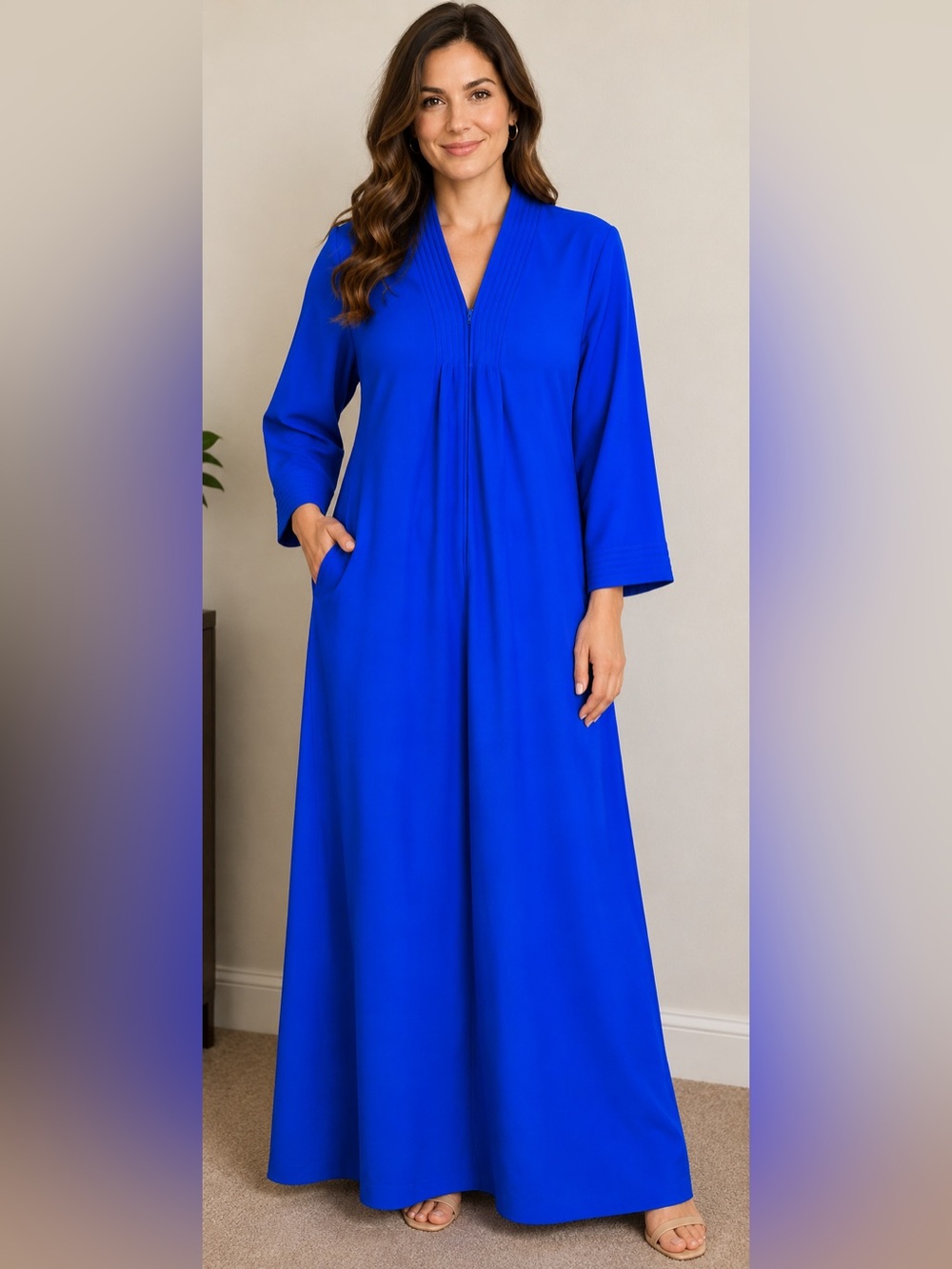 VTG Shadowline Royal Blue Fleece Zip Front Maxi Robe Lounger Cuffs Women’s Large
